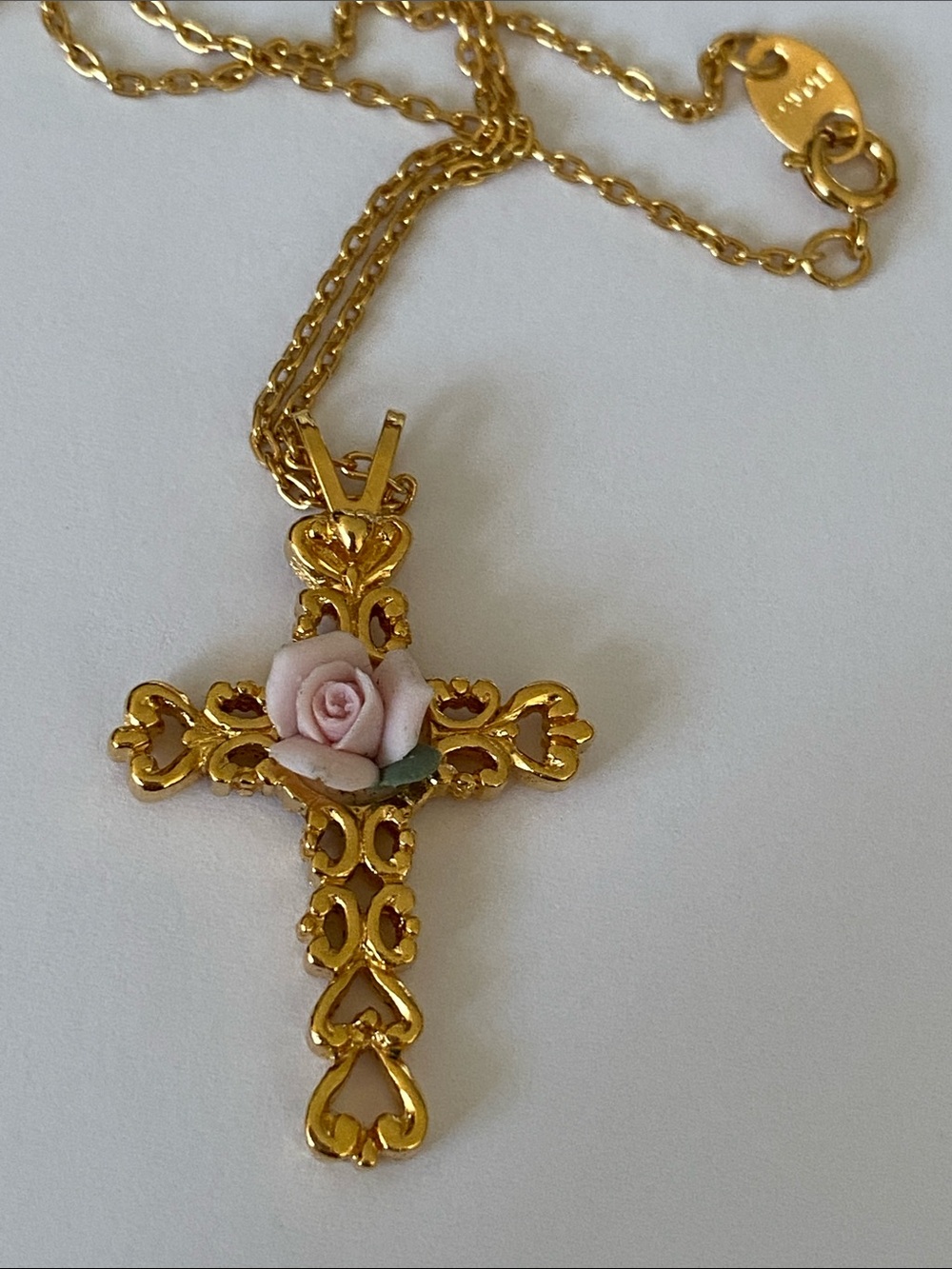 Avon Gold-Tone Cross Necklace with Pink Rose Accent